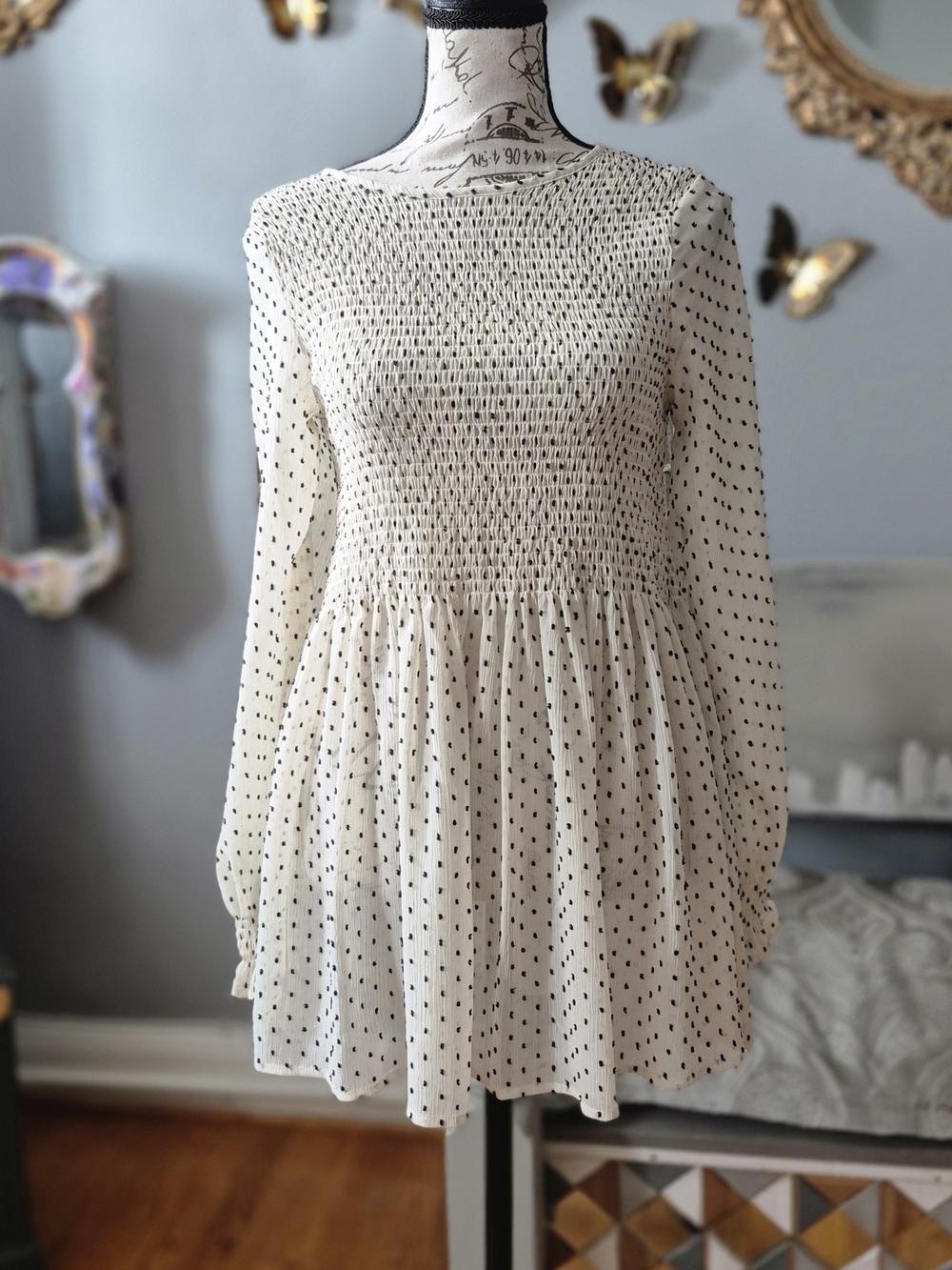 Seraphine Classy & Casual Cream Long-Sleeve Smocked Polka Dot Dress Size 2